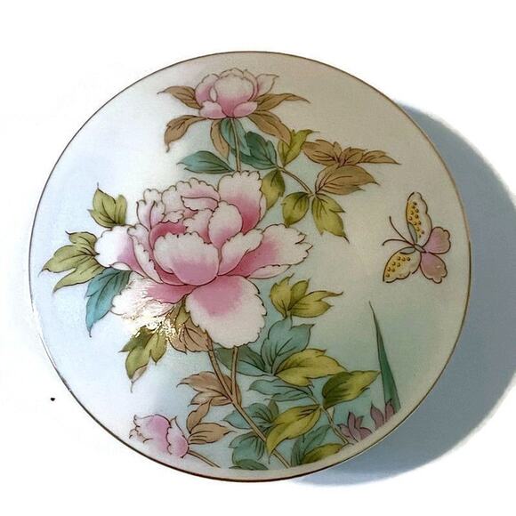 Shibata Porcelain Powder Box Marked Flowers Butterfly Floral Flower - Picture 3 of 9